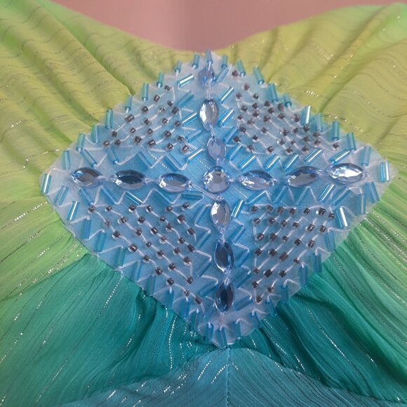 Y2K Slip Dress Size S Blue Green Metallic Stripe Midi Fairy Mermaid Party - Picture 3 of 13